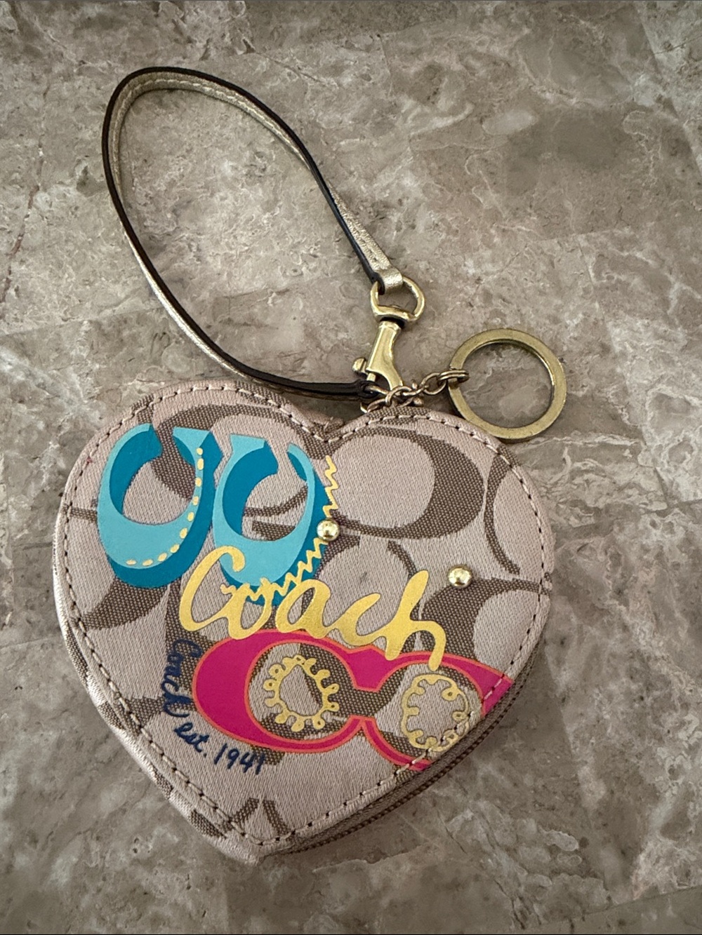 Coach Beige Signature Heart Coin Case Keychain with Blue, Pink & Yellow Accents